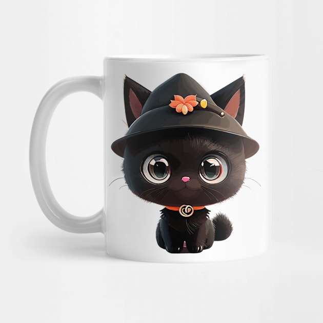 Cute black Halloween kitty in a hat by RosaliArt